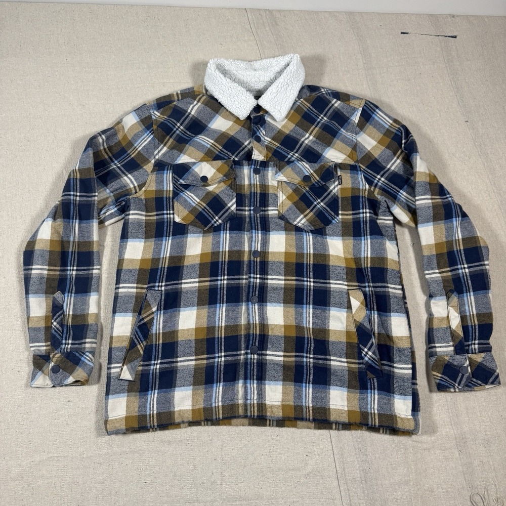Hurley Jacket Mens Medium Blue‎ Plaid Snap Up Fleece Lined Flap Pockets